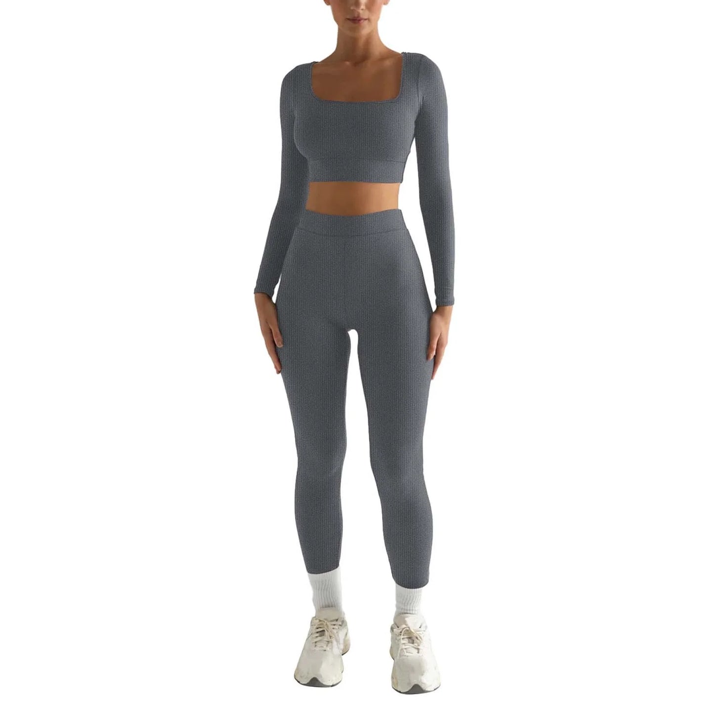 2Pc Yoga Sets for Women Women'S Fashion Casual Solid Color Long Sleeve Square Collar Two Piece Slim Yoga Sports Pants Suit Yoga Sets Yoga Package