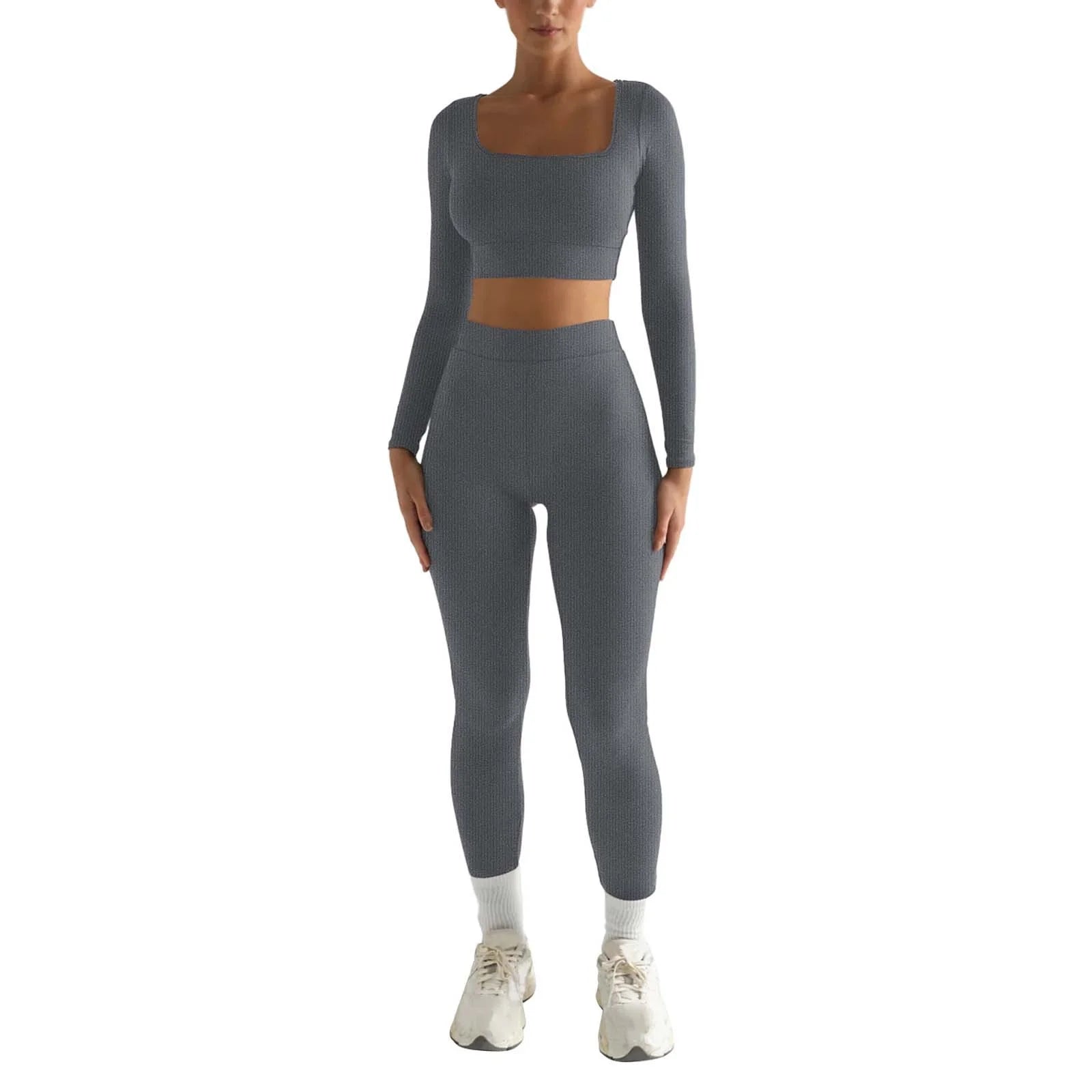 2Pc Yoga Sets for Women Women'S Fashion Casual Solid Color Long Sleeve Square Collar Two Piece Slim Yoga Sports Pants Suit Yoga Sets Yoga Package
