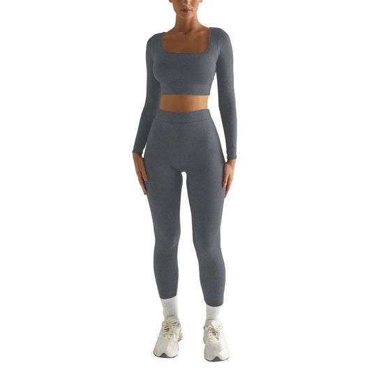 2Pc Yoga Sets for Women Women'S Fashion Casual Solid Color Long Sleeve Square Collar Two Piece Slim Yoga Sports Pants Suit Yoga Sets Yoga Package
