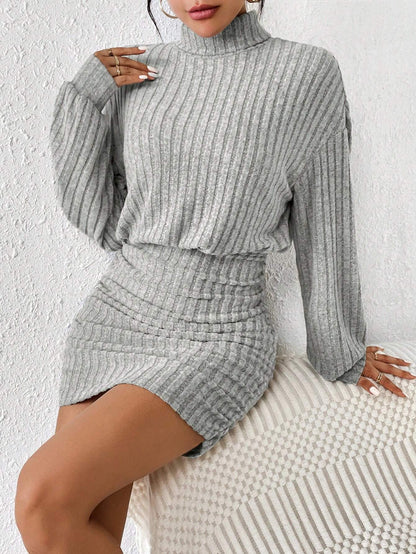 SHEIN Frenchy Turtleneck Drop Shoulder Ruched Bodycon Textured Fabric Dress