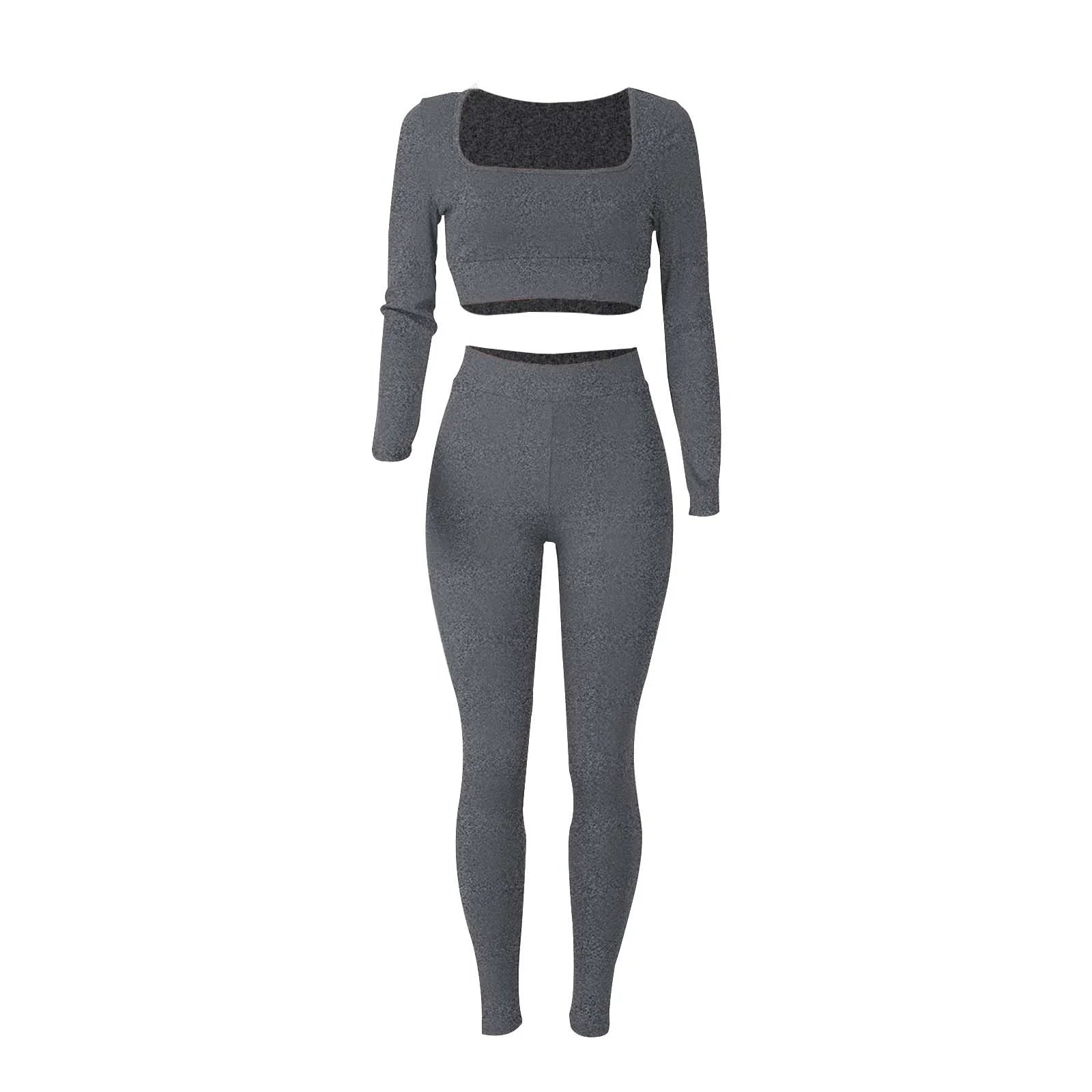 2Pc Yoga Sets for Women Women'S Fashion Casual Solid Color Long Sleeve Square Collar Two Piece Slim Yoga Sports Pants Suit Yoga Sets Yoga Package