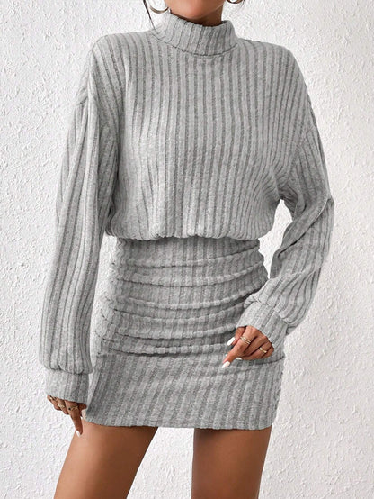 SHEIN Frenchy Turtleneck Drop Shoulder Ruched Bodycon Textured Fabric Dress
